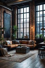 industrial interior living room with kitchen exposed brick wall large window apartment view wooden furniture contemporary decor premium stock photo interior design decoration