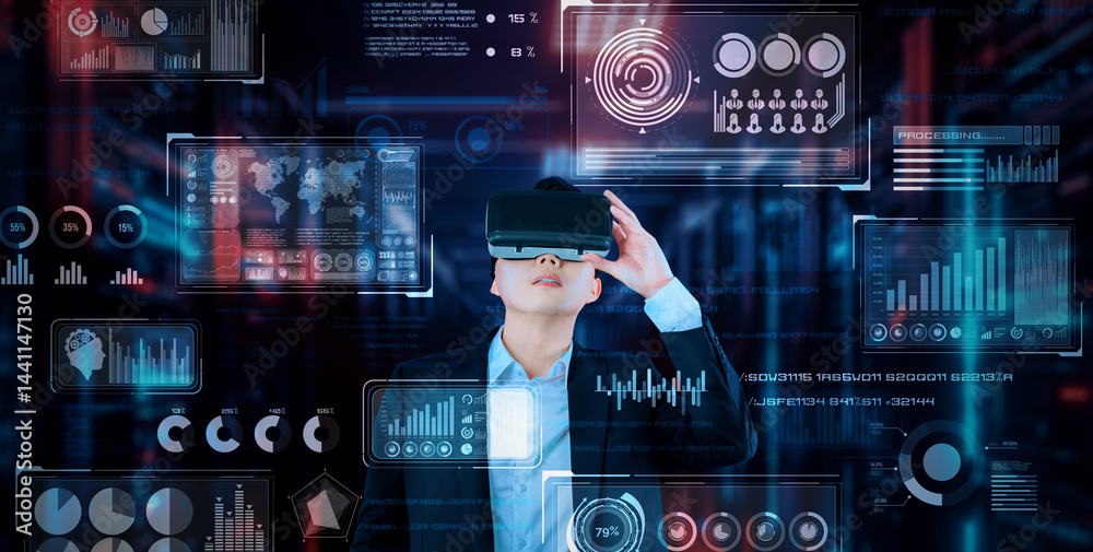 Poster businessman with headset standing at data center while analyzing financial data. manager looking mar