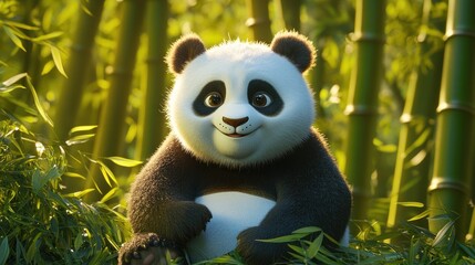 Obraz premium Cute cartoon panda cub nestled amidst bamboo forest