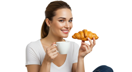Smiling woman with croissant and coffee cup isolated on solid background.