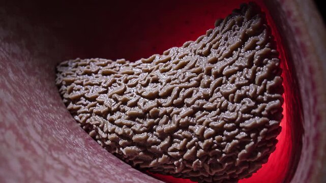 Medical animation revealing inflamed appendix within human colon, demonstrating potential medical complications of appendicitis through detailed anatomical visualization