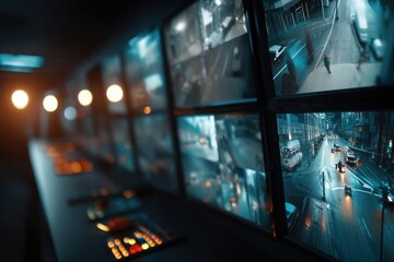 A surveillance control room with multiple monitors displaying city streets at night, showcasing urban monitoring, crime prevention, and public safety operations.