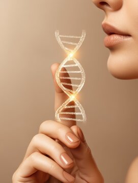Woman holding a glowing DNA strand near her face.