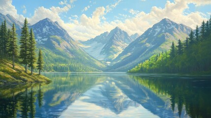 Fototapeta premium Serene mountain lake landscape. A tranquil alpine scene with a calm lake reflecting the majestic peaks. Lush greenery surrounds the water's edge