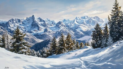 Fototapeta premium Majestic Winter Mountain Landscape Snowy Peaks Serene Alpine Scenery Picturesque Snow Covered Trees Breathtaking View Frozen Wilderness Tranquil Nature Scene Stunning Winter Wonderland Cold Climate 