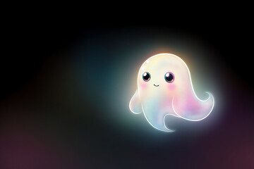 neon outline of a cute cartoon ghost with big eyes, bright white on a black background, spooky-cute