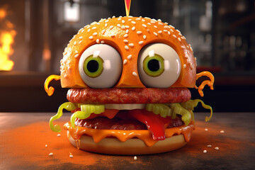 Cartoon hamburger mascot with big eyes and a surprised expression, perfect for food branding, kids content, or puzzles.