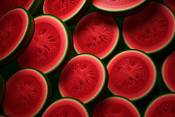 Colorful pattern of juicy watermelon slices displayed in a repeating, geometric arrangement, illustration