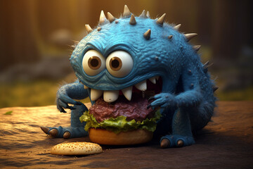 Cute blue cartoon monster eating a big burger with joy, perfect for food festivals, kids menus, or mascot branding.