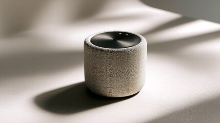 Portable audio speaker with fabric and brushed metal finish casting a shadow