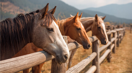 Horses relaxing on a ranch with mountains in the background