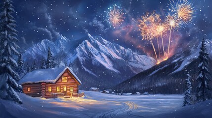 Fototapeta premium Magical Winter Cabin Snowy Mountains Night Fireworks Festive Holiday Season Cozy Log Cabin Christmas New Years Eve Winter Wonderland Dreamy Peaceful Serene Landscape Illustration Art joy cold tree 