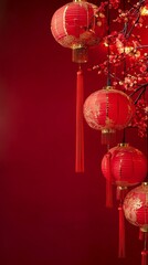 Create a vibrant copy space background for Chinese New Year, featuring traditional elements like red lanterns, gold accents, and subtle dragon motifs, set against a rich red backdrop