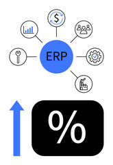 ERP at the center connects finances, analytics, people, maintenance, manufacturing. Arrow symbolizes business growth and percentage indicates improved efficiency. Ideal for management, planning