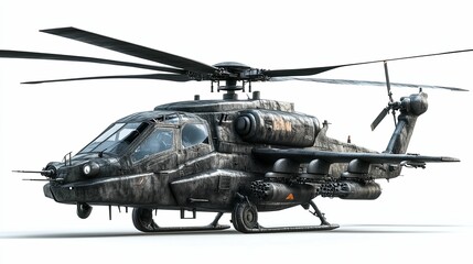 A military helicopter,  camouflaged and weathered, displayed against a white background.