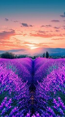 Naklejka premium A symmetrical lavender field at sunset