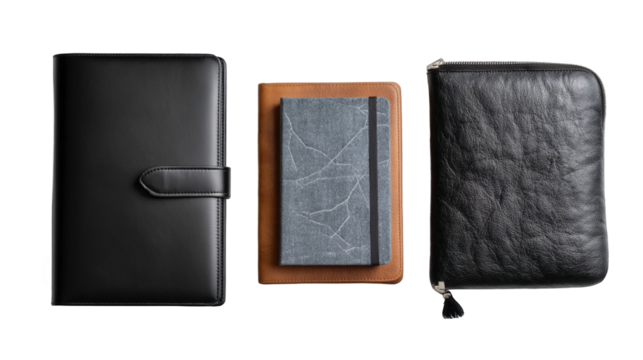 Three distinct notebooks arranged neatly on a white background, showcasing various textures and styles