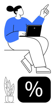 Fototapeta Woman seated with laptop pointing upward, small plant beside her, percentage sign nearby. Ideal for finance, sales, business growth, performance metrics, education, data analysis flat simple