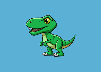 Obraz premium Cute T-Rex: A charming cartoon illustration of a T-Rex dinosaur, with a friendly smile and bright eyes, standing against a solid blue background.