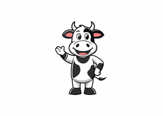 Cheerful Cow Character: A charming cartoon cow waves hello with a friendly smile, a delightful mascot brimming with positivity. Capturing the essence of dairy and farming.