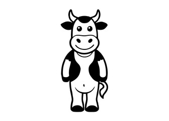 Fototapeta premium Smiling Cartoon Cow: A cute cartoon cow with big eyes and a friendly smile stands tall with its legs firmly planted, ready for a close-up. Its black and white pattern is playful and charming.