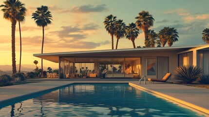 Fototapeta premium Modern House with Swimming Pool and Palm Trees at Sunset