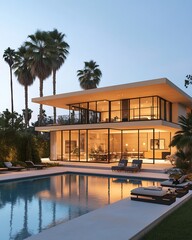 Fototapeta premium Modern Two-Story House with Pool and Palm Trees at Dusk