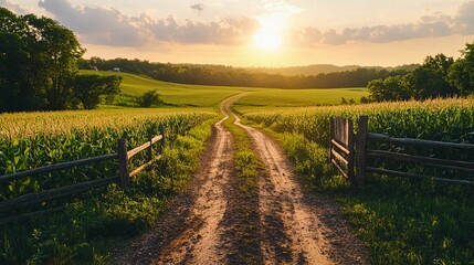Naklejka premium A scenic rural road through golden fields at sunset.