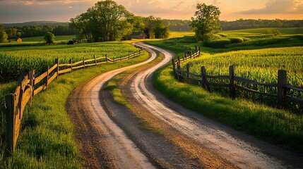 Obraz premium A scenic dirt road winds through a rural landscape at sunset.
