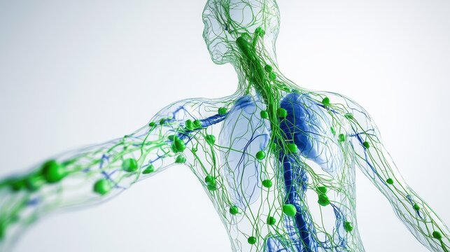 Comprehensive 3D illustration of human lymphatic system, isolated on white background. 
