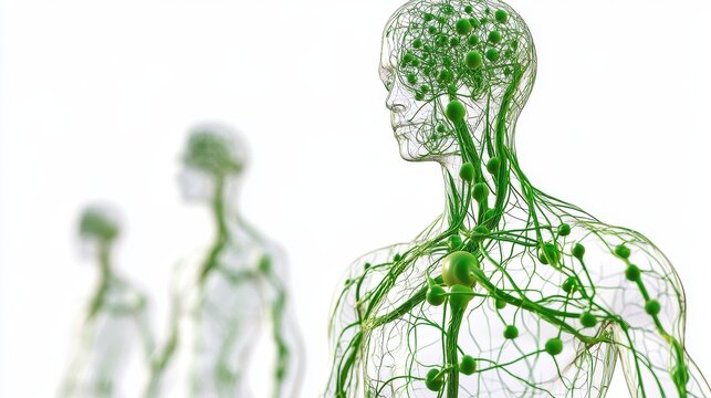 Comprehensive 3D illustration of human lymphatic system, isolated on white background. 
