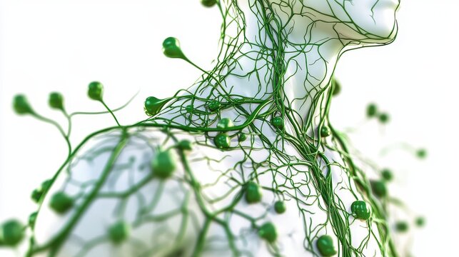 Comprehensive 3D illustration of human lymphatic system, isolated on white background. 