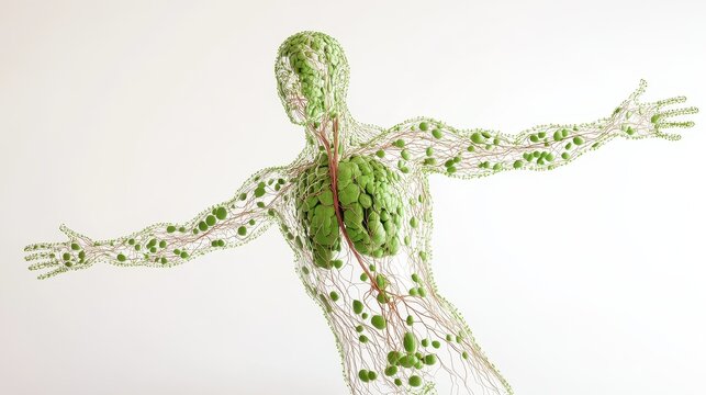 Comprehensive 3D illustration of human lymphatic system, isolated on white background. 