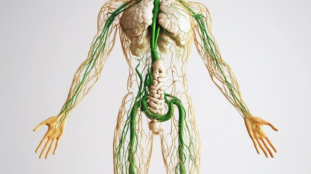 Comprehensive 3D illustration of human lymphatic system, isolated on white background. 