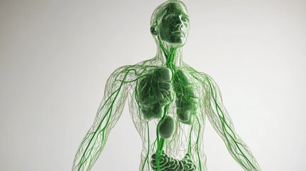 Comprehensive 3D illustration of human lymphatic system, isolated on white background. 