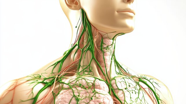 Comprehensive 3D illustration of human lymphatic system, isolated on white background. 