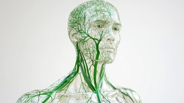 Comprehensive 3D illustration of human lymphatic system, isolated on white background. 