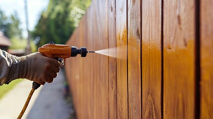 Close-up view of a person applying wood stain to a fence.