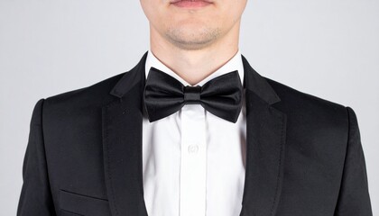 薄いグレーの背景をバックに、クラシックなブラックスーツに蝶ネクタイを合わせた男性の首元を捉えた一枚。シンプルでありながら、フォーマルで洗練された男性像が際立つフォーカスショット

