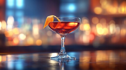 A vibrant cocktail garnished with orange zest, perfect for a night out