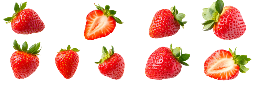 Array of fresh strawberries on a stark black background creating a vibrant contrast