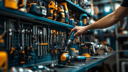 Close-up view of a hand reaching for a power drill in a hardware store.