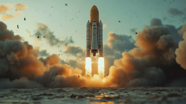 Experience a Stunning Dawn Rocket Launch with Dramatic Smoke and Flames Lighting Up the Sky Unforgettably