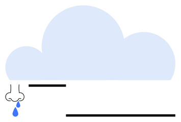 Minimalist nose dripping blue drop under large light blue cloud, symbolizing sadness, rain, or cold. Ideal for emotion, melancholy, weather, allergy health metaphor creativity themes. Flat simple