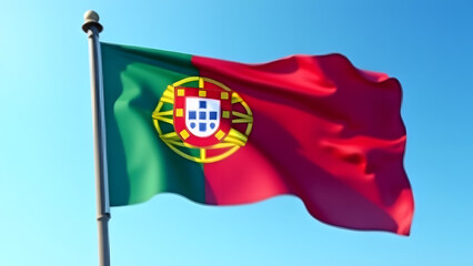 Fototapeta premium Portugal's vibrant flag waving majestically, showcasing intricate coat of arms under natural sunlight. Perfect for cultural displays.