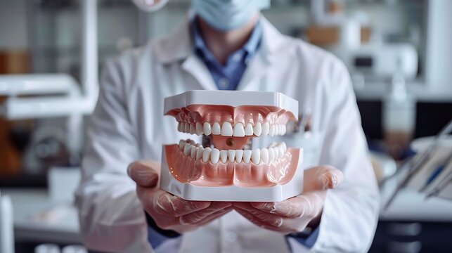 Dentist holding a model of a full dental arch with implants