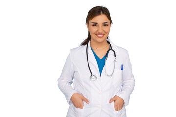 Fototapeta premium Confident and friendly young female doctor smiling with stethoscope and hands in pockets, isolated on transparent background
