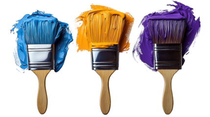 Vibrant paintbrushes with blue, orange, and purple paint on a white background, ideal for art projects