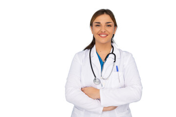 Fototapeta premium Young female doctor smiling with crossed arms, wearing lab coat and stethoscope, on a transparent background, ready to be used in any project