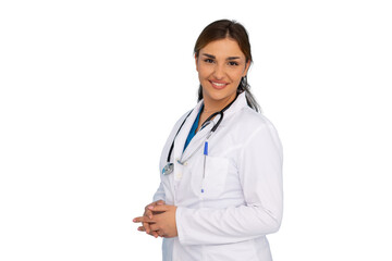 Fototapeta premium Confident female doctor in white lab coat and stethoscope, standing against clean transparent backdrop